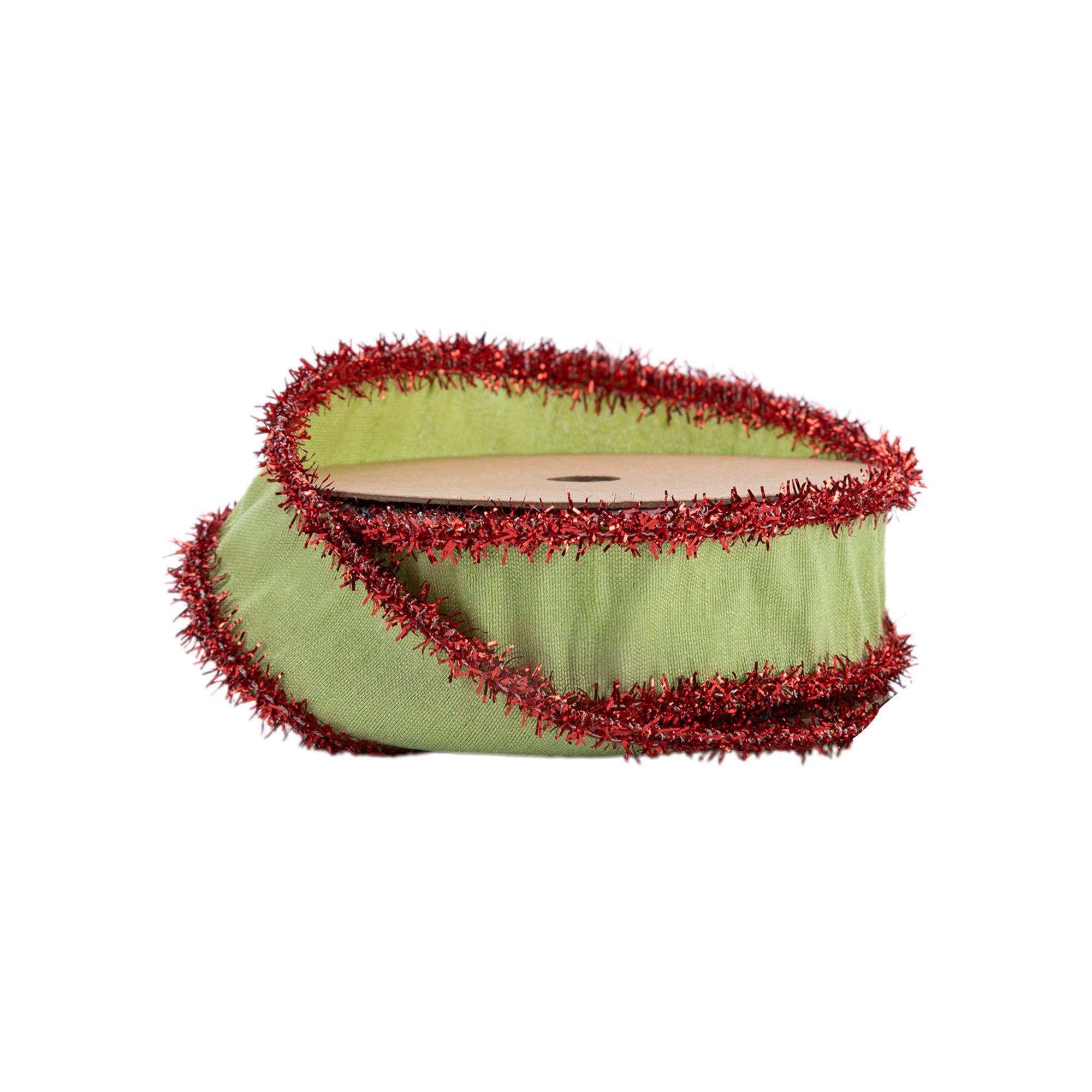 LA Ribbons Wholesale - Wholesale Ribbon - Gift Wrapping - 1" Wired Dupioni Ribbon | Green Apple w/ Red Tinsel Edging | 10 Yard Roll
