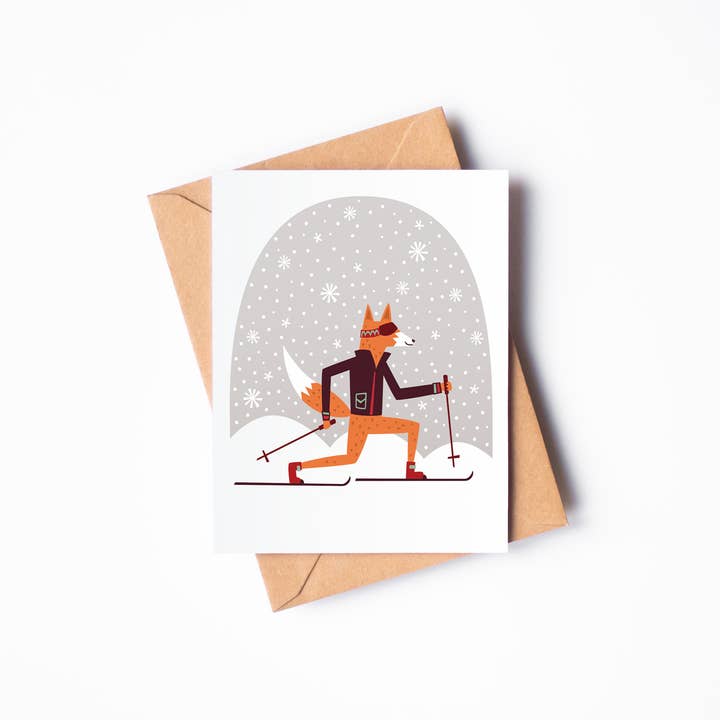 Skiing Fox Winter Seasons Greetings Holiday A2 Card (Co for wholesale by Allie Ogg