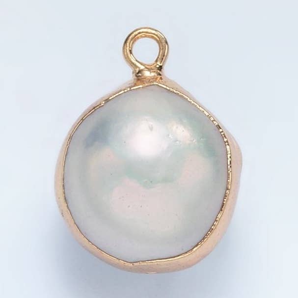 16K Gold Filled Round Freshwater Pearl Foil Bezel Charm | P1757 for wholesale by Aim Eternal