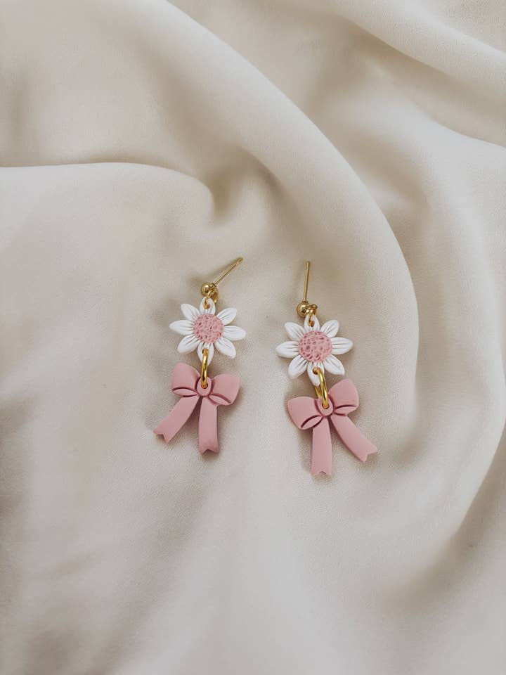 Pink Daisy Bow Earrings, Coquette, Handmade Earrings for wholesale by Placed by Grace