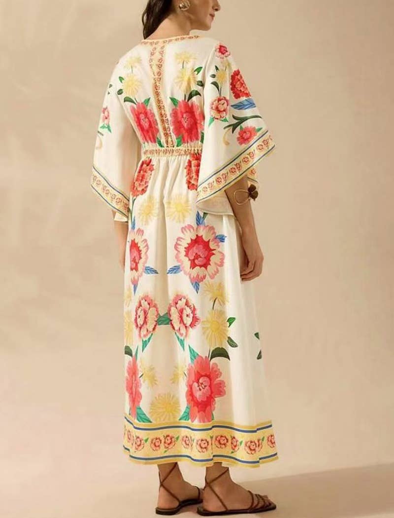 EmberLoom - Wholesale Dress - Women's - Palm Print V-Neck Midi Dress4