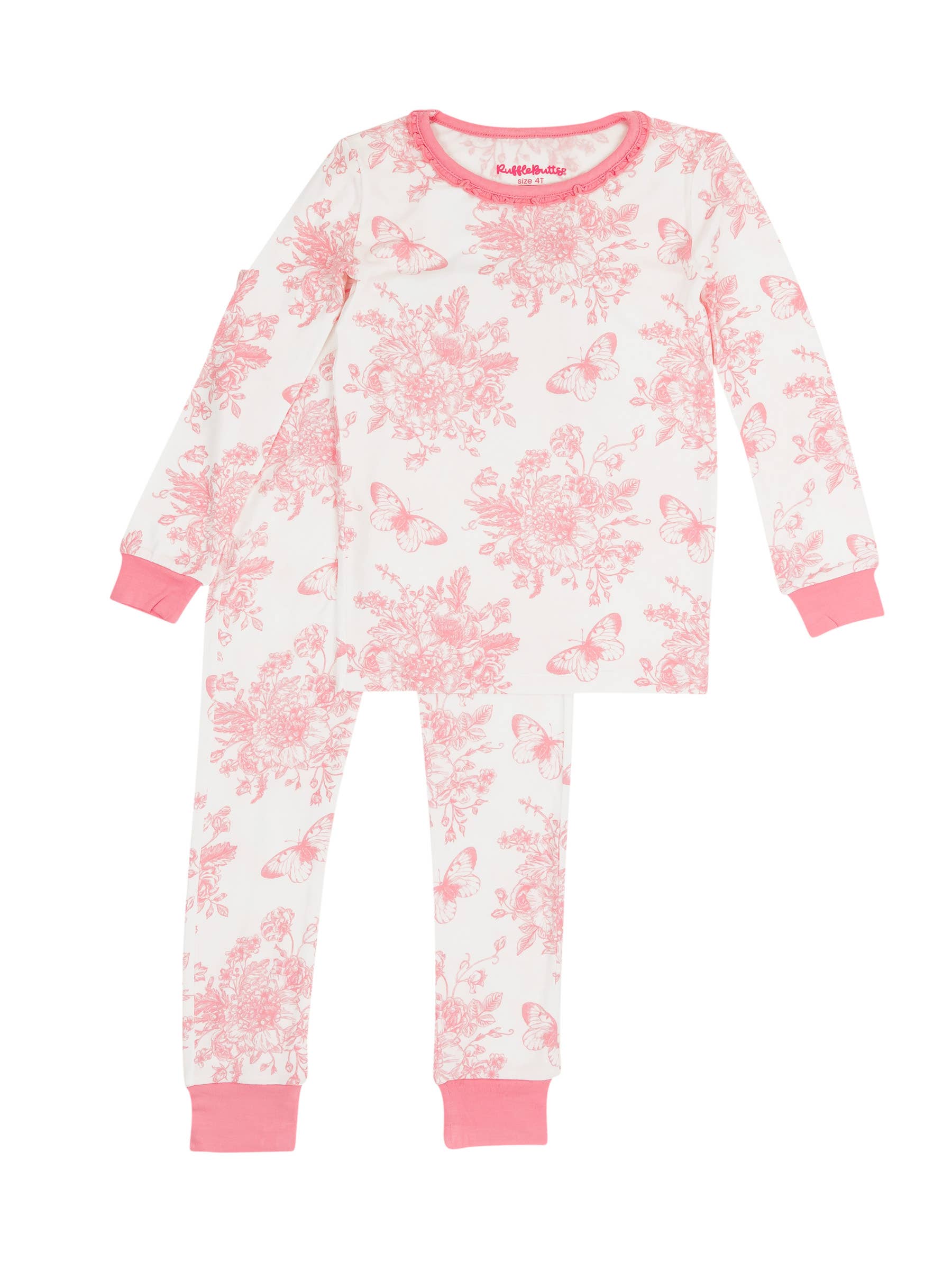 White SoftSnooze™ Toddler Girls Bamboo Viscose Pink Butterfly Garden Toile Ruffle Long Sleeve Pajama Set with Signature Rear Ruffles for wholesale on Faire1