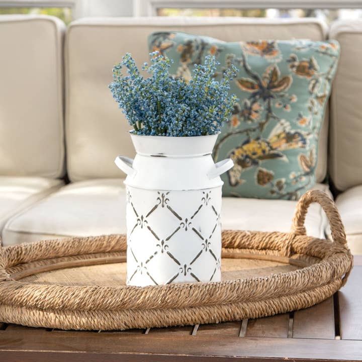 Col House Designs - Wholesale Decorative Jar - Whitewashed Fleur De Lis Galvanized Milk Can, Large1