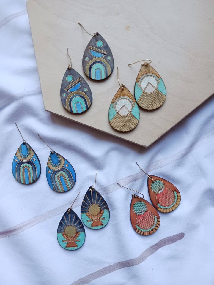 Wood Earrings -Winter Sun Collection -5 Hand-Painted Designs for wholesale by CGDesigns