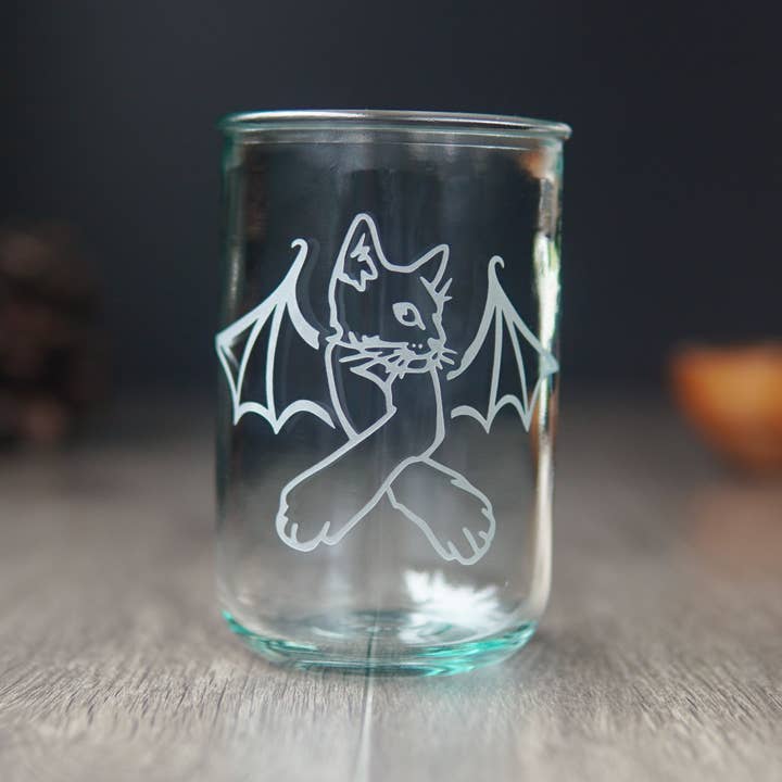 Cat Bat Rustic Recycled Glass Candle Cup - etched vampire kitty for wholesale by Bread and Badger