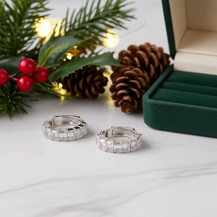 King of Bling's 3.00ct Moissanite Emerald White 925 Sterling Silver Women's Hoop Earrings for wholesale by KING OF BLINGS