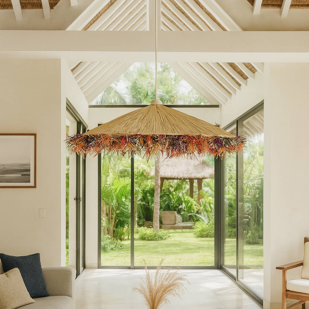 Now's Home - Wholesale Kroonluchter/hangend licht - Hanglamp van natuurlijke raffia met gekleurde franjes 70 cm diameter Belaga1