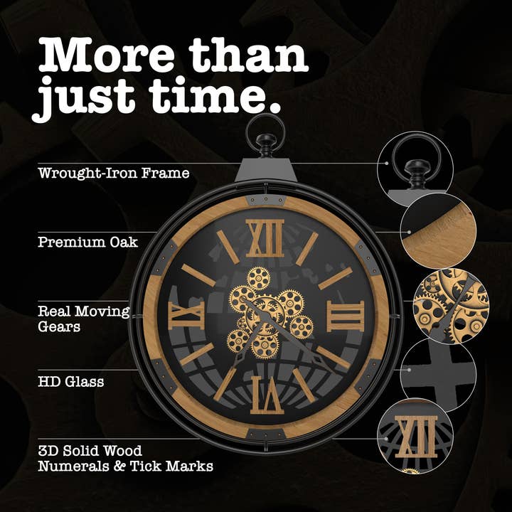 Driini - Wholesale Wall Clock - Driini Large Rustic Gear Clock with Moving Gears (Oak)