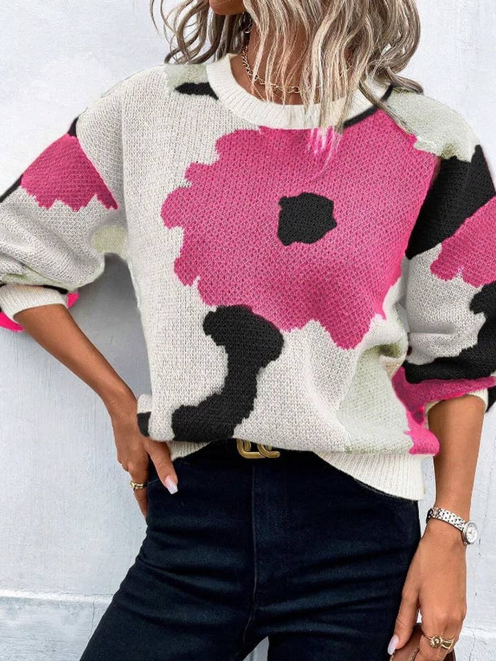 NINEXIS - Wholesale Knit Sweater - Women's - CWOSWL5555_JACQUARD CREW NECK LONG SLEEVE KNITTED SWEATER