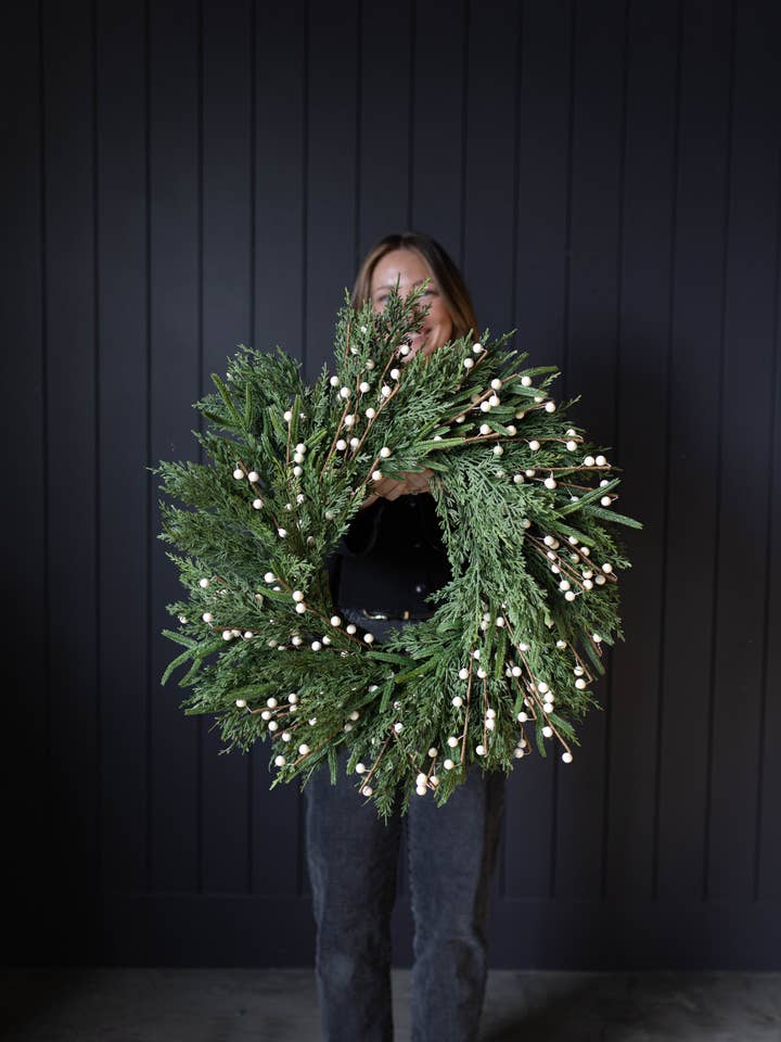 White Plum Berry Norfolk Cypress Real Touch Wreath - 24" for wholesale by Luxe B Co