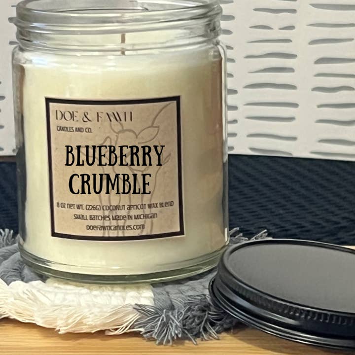 BLUEBERRY CRUMBLE / 8 oz. Clear jar w/ black lid for wholesale by Doe & Fawn Candles and Co.