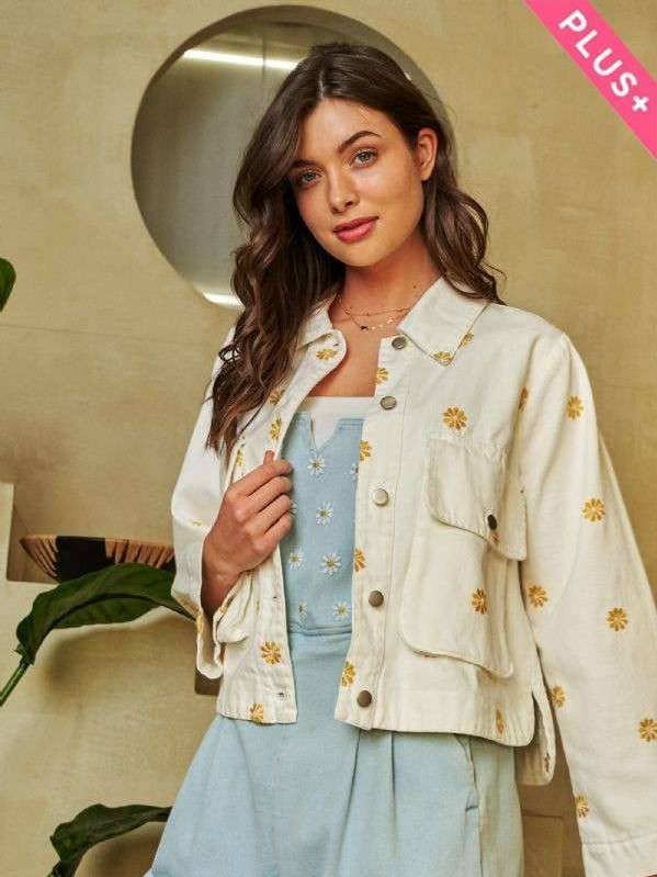 PLUS DAISEY EMBROIDERED WIDE SLEEVE DENIM JACKET for wholesale by Davi & Dani