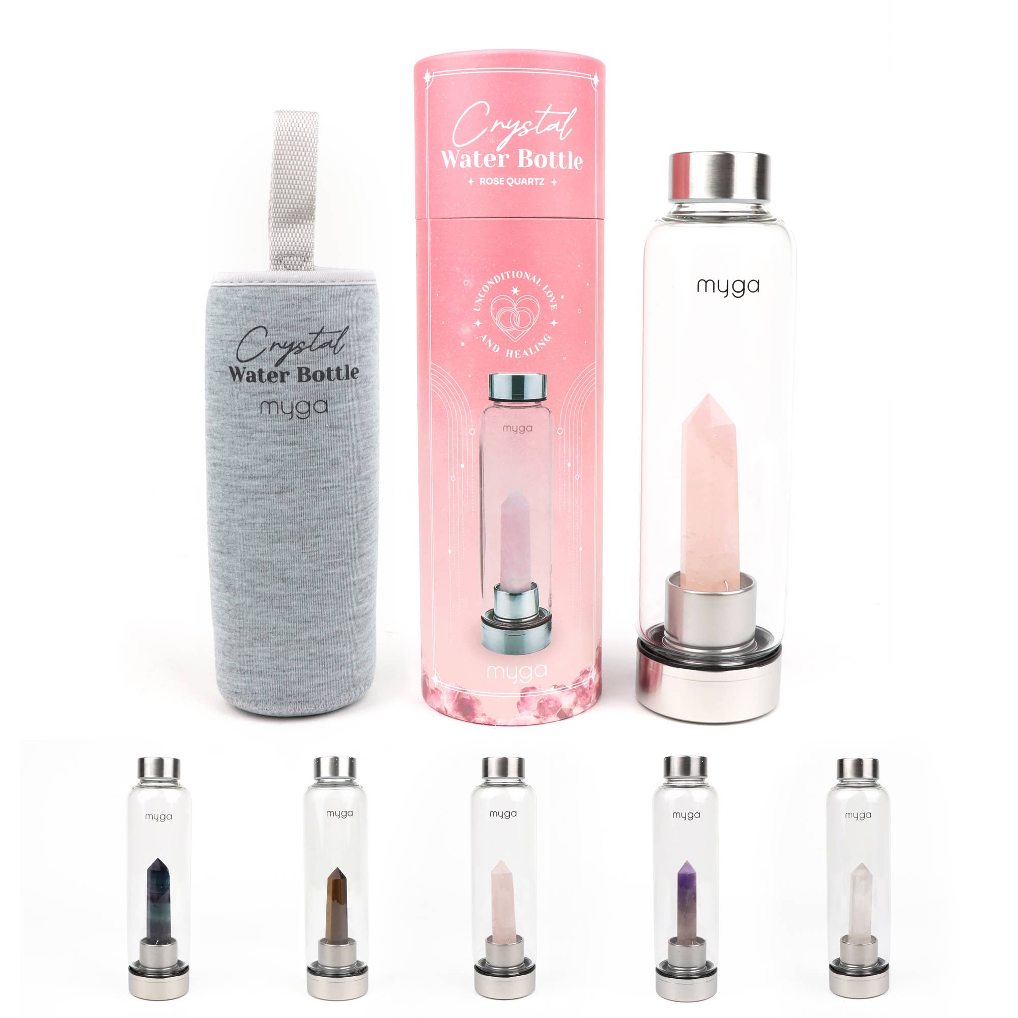 Myga - Vendita all'ingrosso Borracce - Bottiglia d'acqua in vetro con cristallo di quarzo rosa7