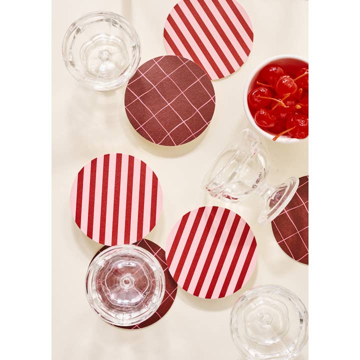 One & Only Paper - Wholesale Coasters - Pink and Maroon Striped Coaster - Set of 4
