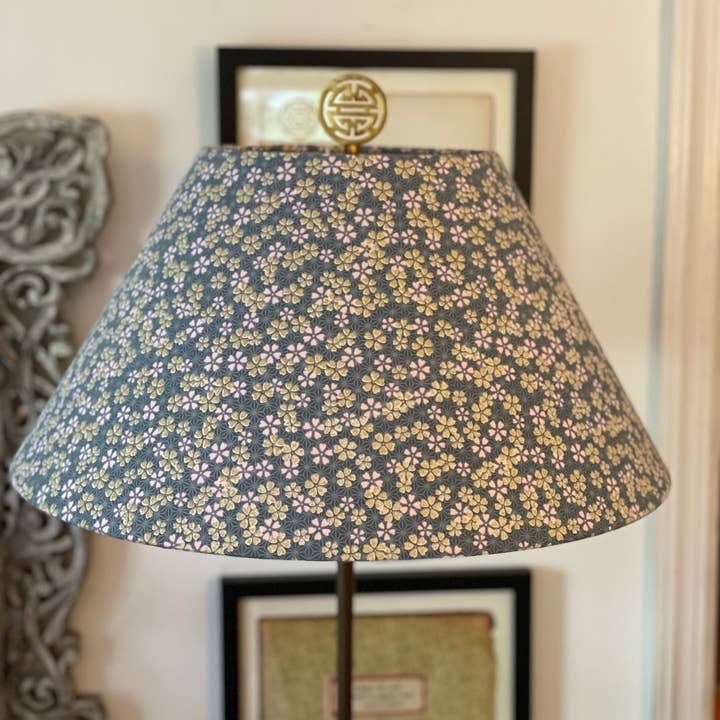 Olive and Limpet - Wholesale Lamp Shade - Large Conical Lampshade. Japanese Cherry Blossom Motif, Light Teal, Gold, and Pale Pink.