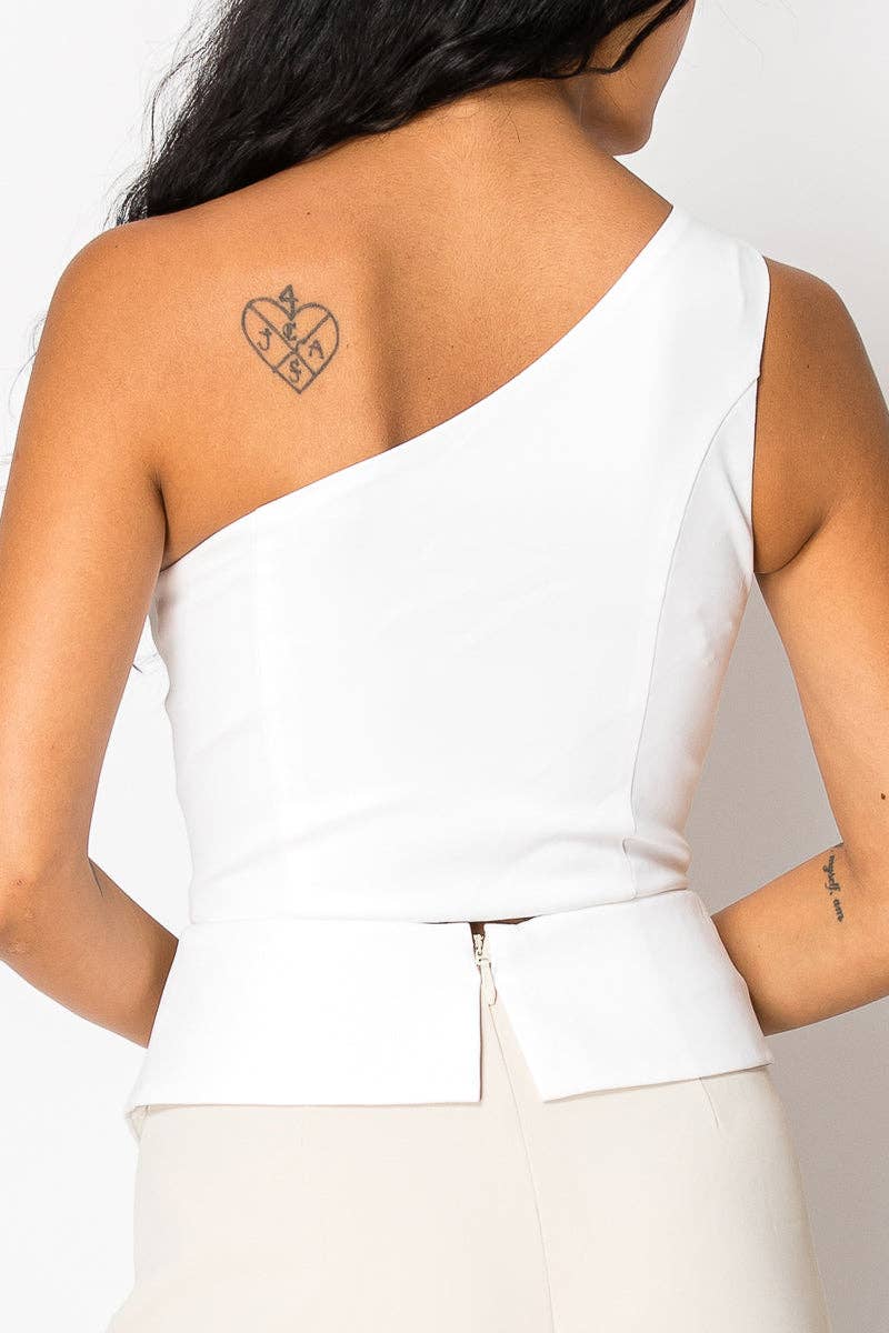 Beige Contrast Wide Pant Set With One Shoulder Top for wholesale on Faire14