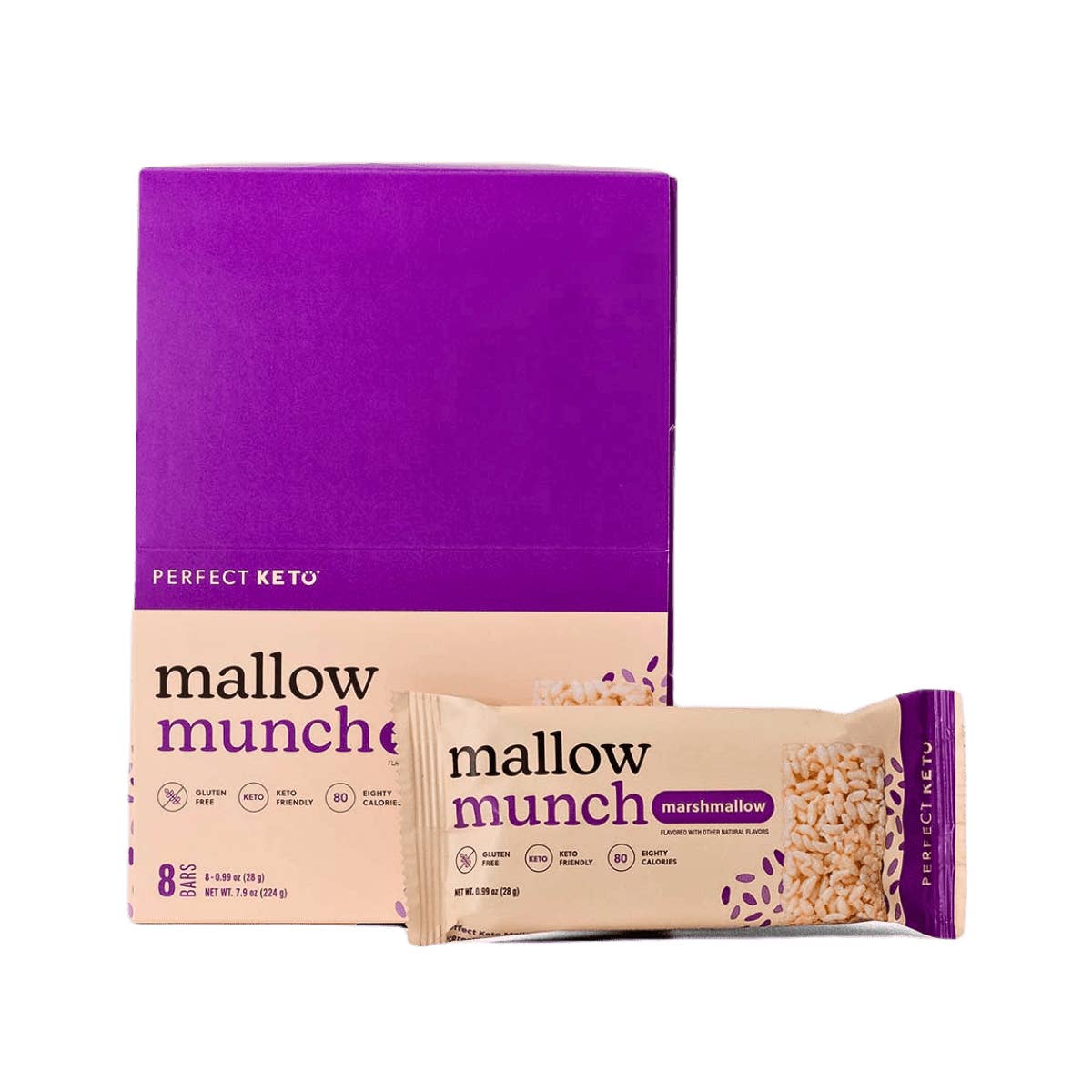 Perfect Keto - Wholesale Snack Bar - Mallow Munch (8 Count)- Low Calorie, Low Carb, Krispy Bar