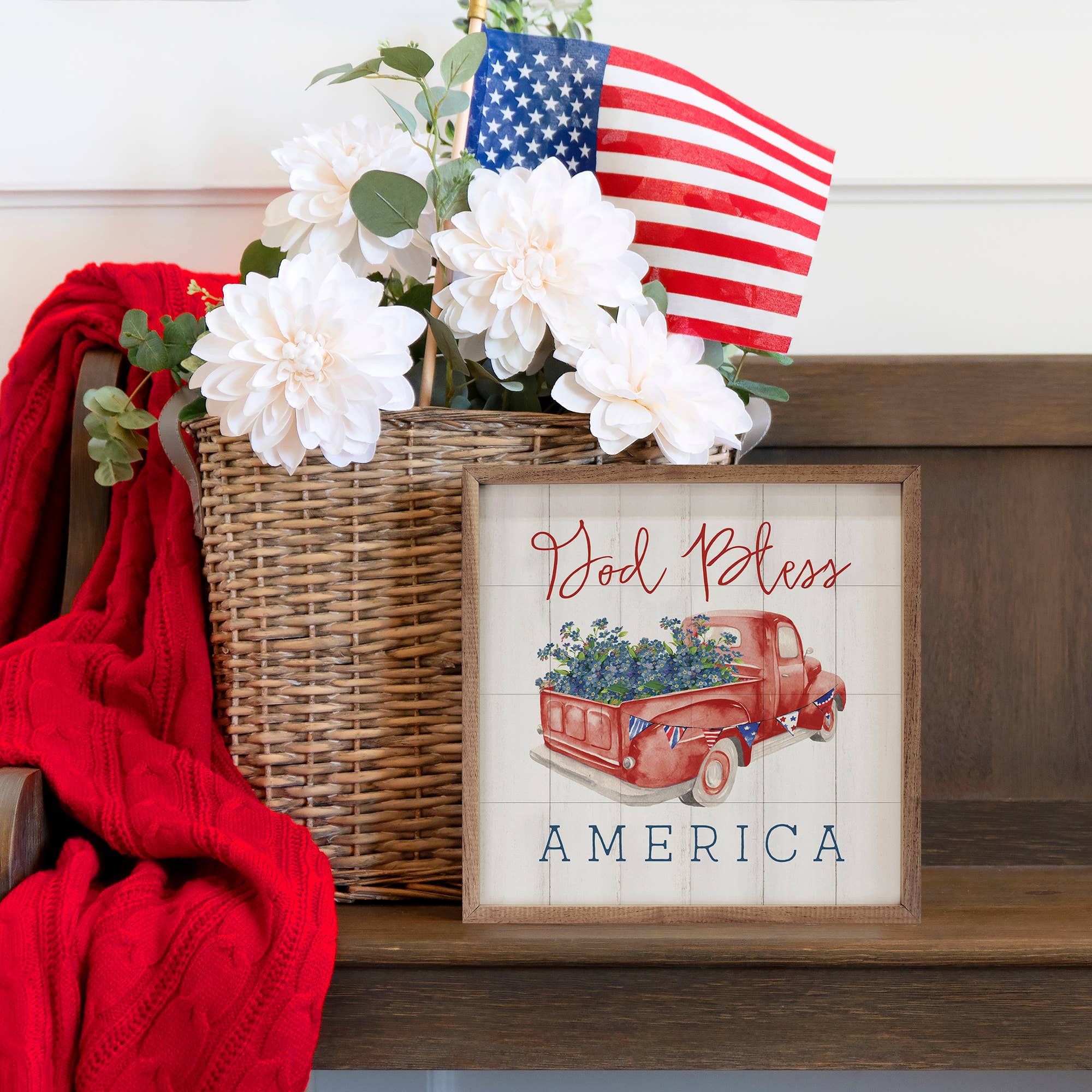 Kendrick Home - Wholesale Sign - God Bless America Red Truck Whitewash1