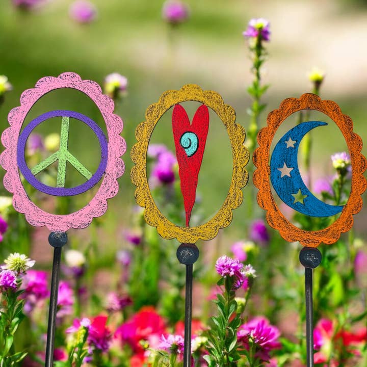 Whimsies - Vente Piquets de jardin/pelouse - Tuteur de plante Lune Piquet de jardin Signe de paix Tuteur de jardin Cœur piquet de pelouse1