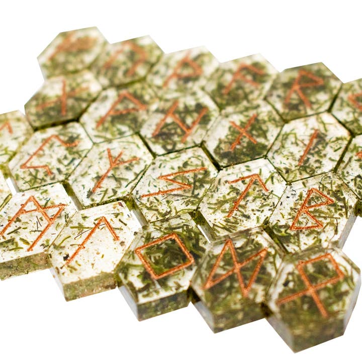 moss elder futhark rune set for wholesale by Oreamnos Oddities