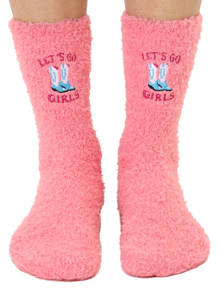 Living Royal - Wholesale Socks - Women's - Fuzzy Crew Socks - Cowgirl Boots - "Let's Go Girls" - Pink