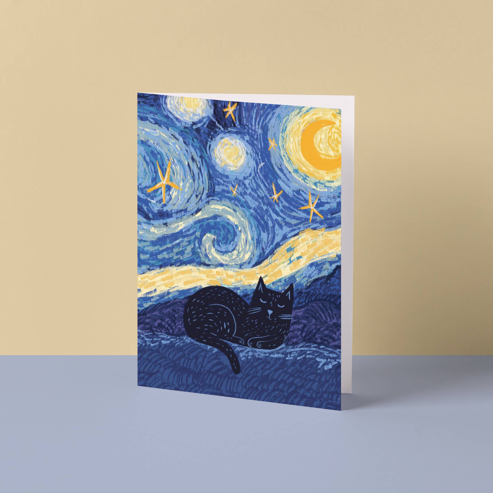 Niaski - Feline Fine Art (USA DUTIES PAID) – Cartão de saudação diária por atacado – Cartão Gato na Noite Estrelada0