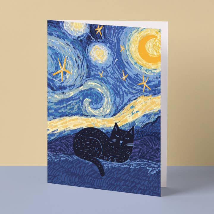 Cat in a Starry Night Card for wholesale by Niaski - Feline Fine Art (USA DUTIES PAID)
