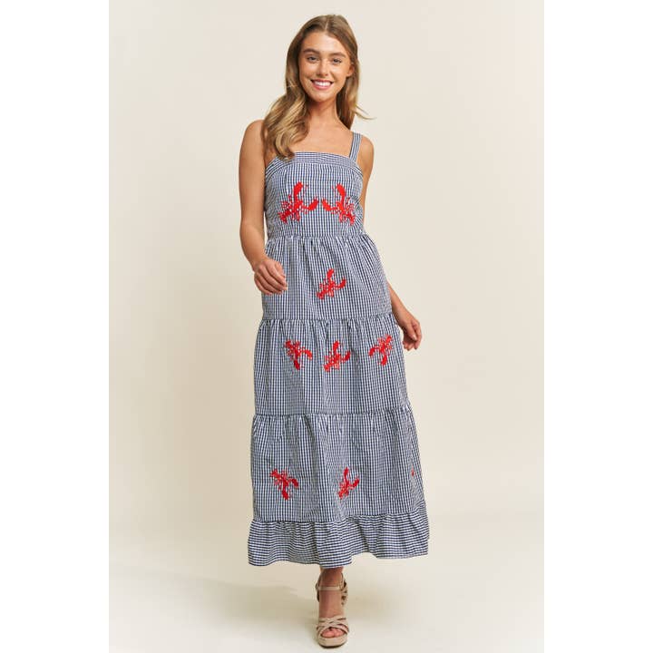 Blue Multi LOVELY ROBSTER EMBROIDERY GINGHAM TANK TIERED MIDI DRESS for wholesale on Faire