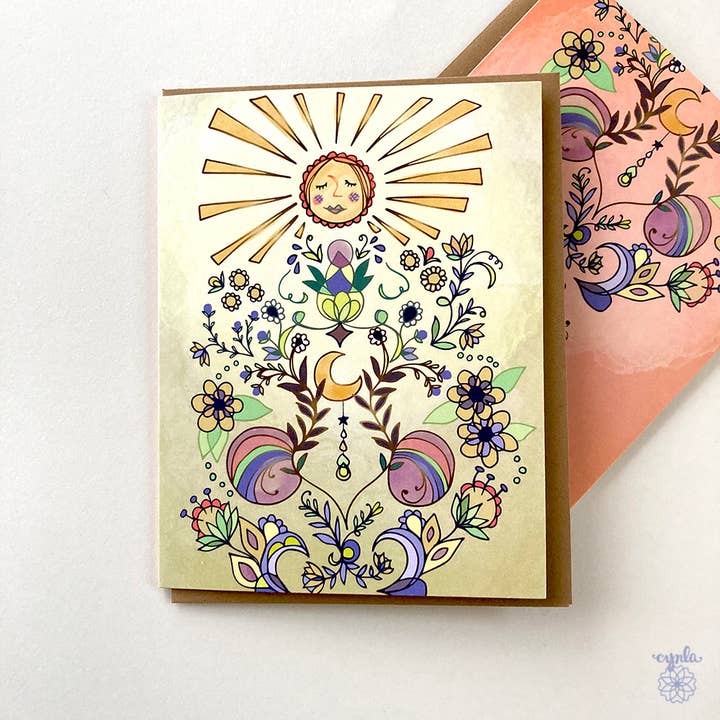 Tarjeta de felicitación Sun Glow, tarjeta de cumpleaños con forma de sol, luna mística en blanco para venta al por mayor de Cynla