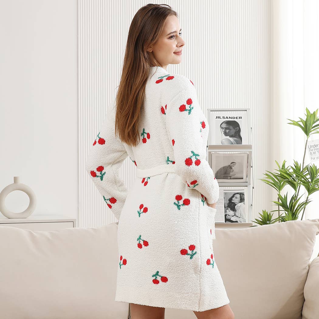 Cute Cherry Print Cozy Robe with Pocket & Belt for wholesale on Faire2