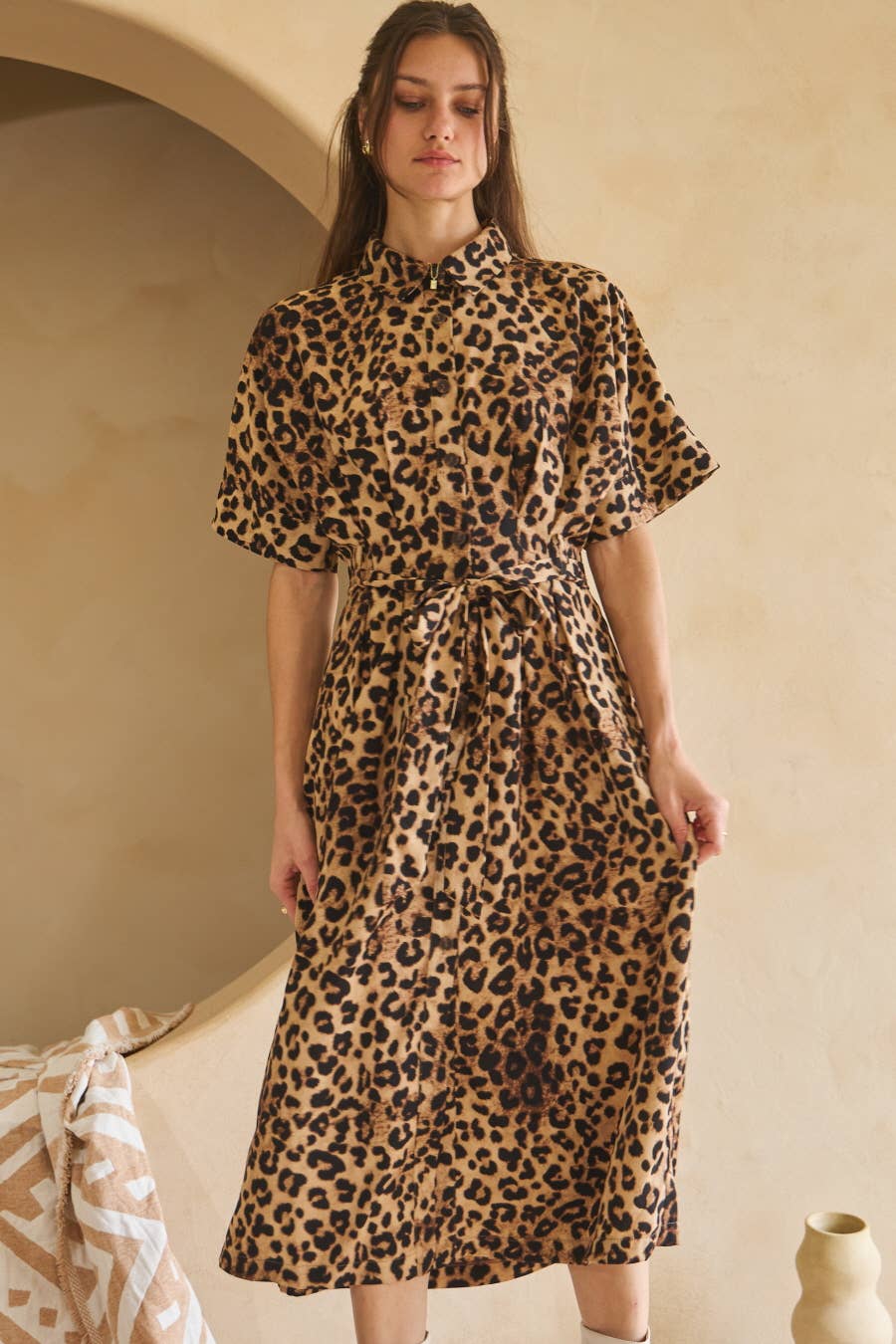 Brown Leopard Animal Printed Button Down Shirt Dress for wholesale on Faire4