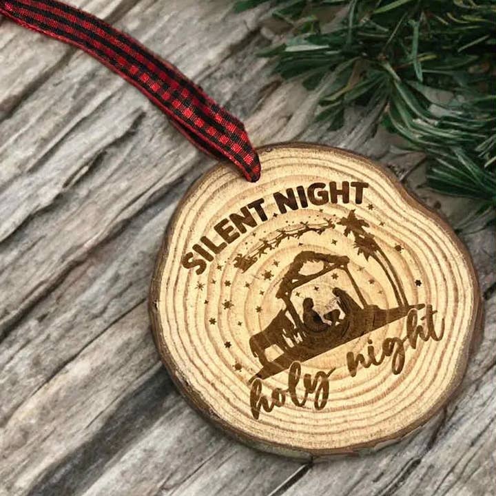 Wood Slice Christmas Ornament with "Silent Night, Holy Night for wholesale by Southern Heart Designs