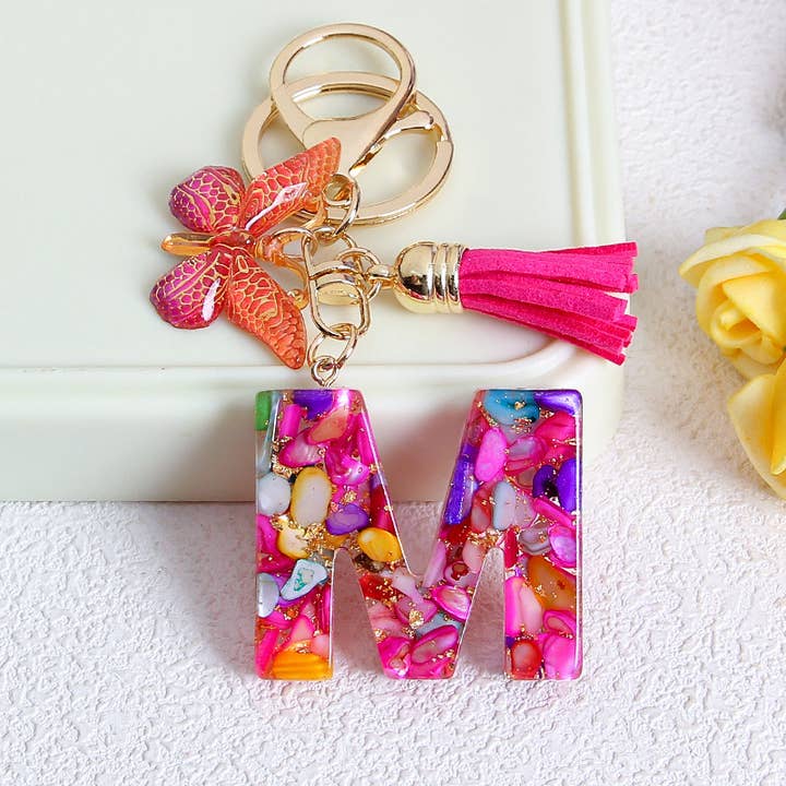 MKS America - Wholesale Keychain - Women's - Glitter Butterfly 26 English Letter Tassel Resin Keychain12