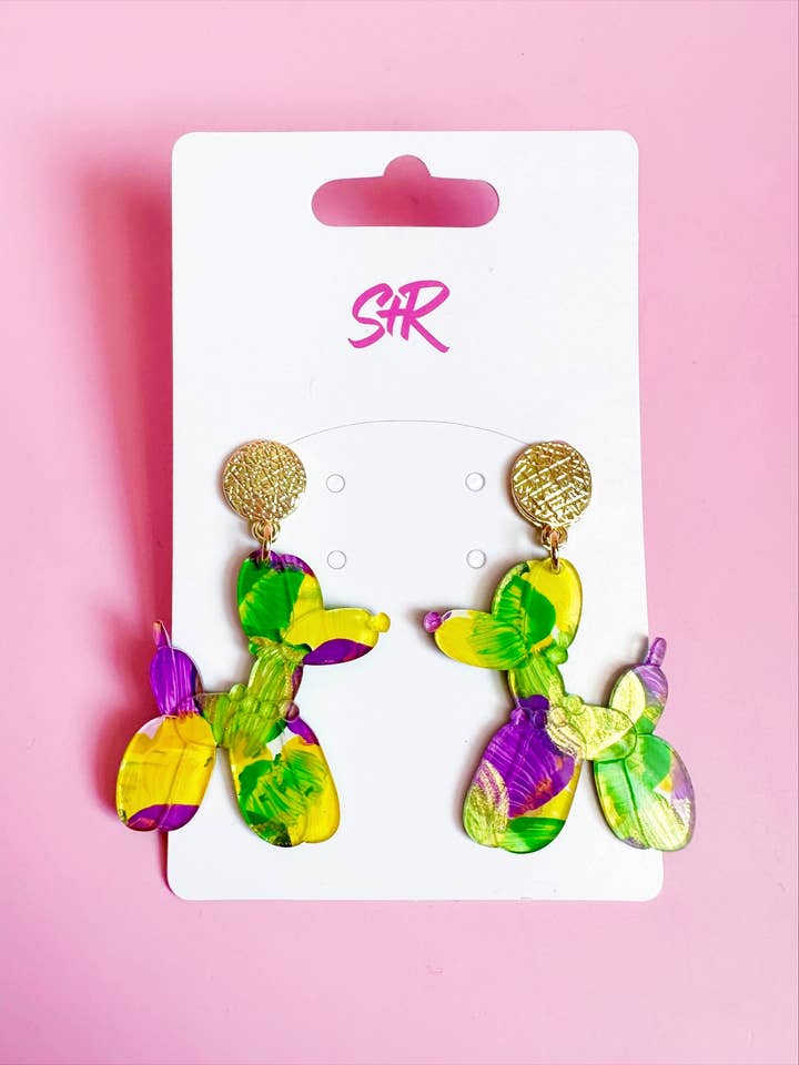 Mardi Gras Art Balloon Dog Dangle Earring for wholesale by Sandy + Rizzo