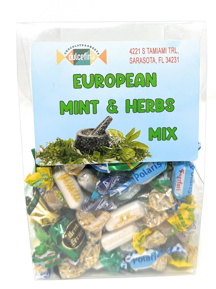 European Mint and Herbal Candy Mix 10oz Clear Tab Top Box for wholesale by Dulcefina Chocolate and Sweets