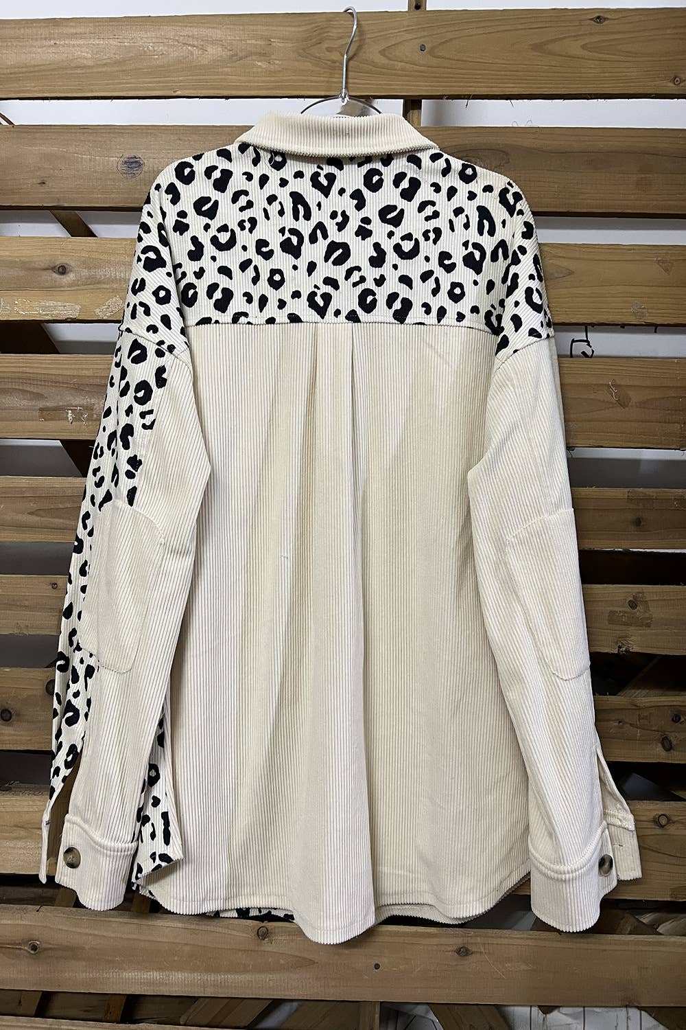 khaki leopard patchwork oversized corduroy Shacket for wholesale on Faire4