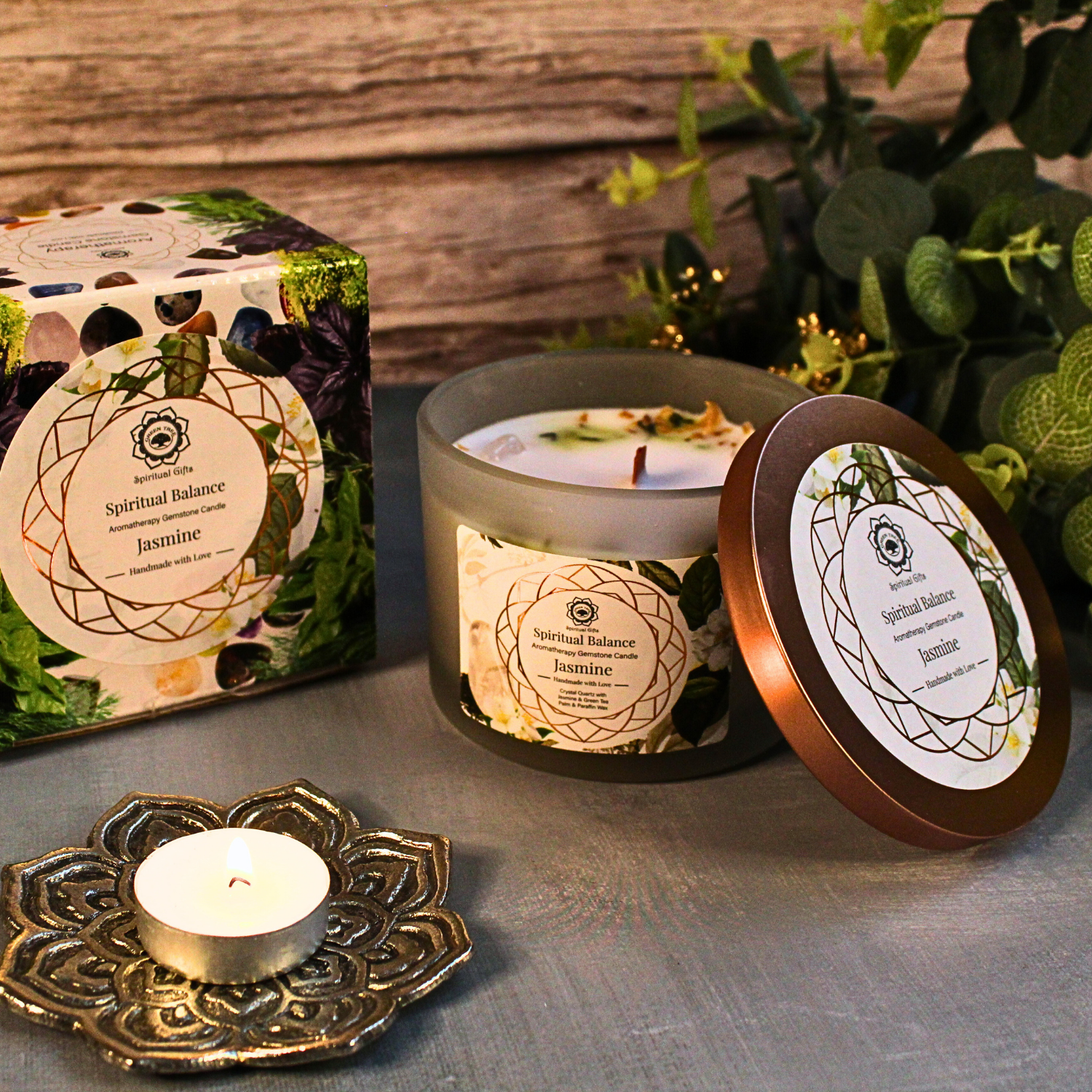 Green Tree - Wholesale Pot/gevulde kaars - Green Tree Geurkaars met Edelstenen Spirituele Balans Jasmijn 256 g2