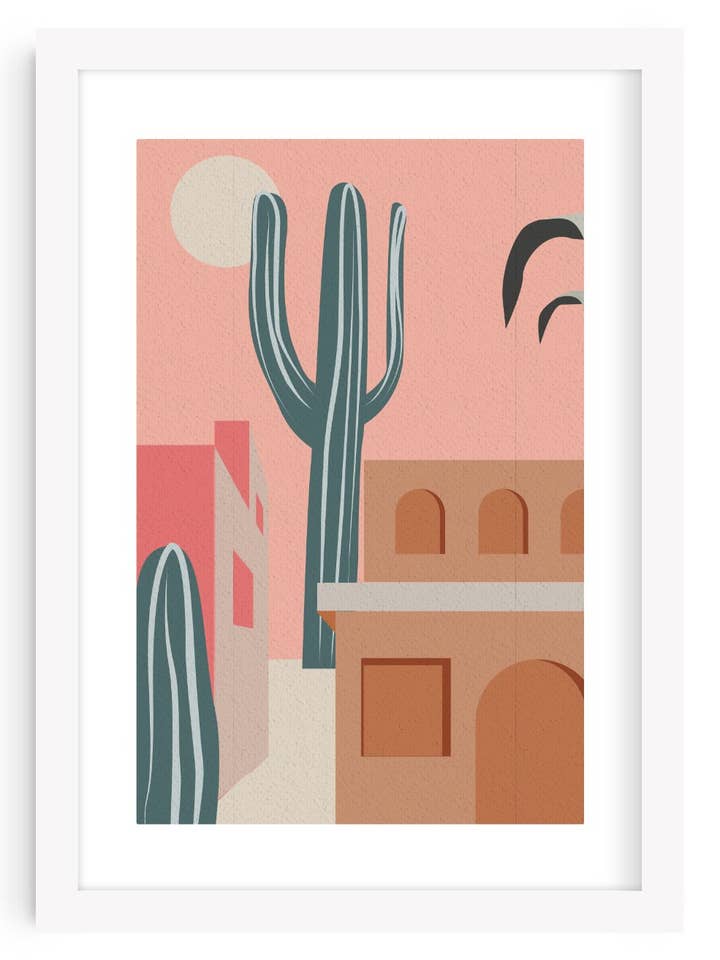 CACTUS, ET, CONSTRUIRE, SUR, CIEL ROSE pour la vente par nordhaus