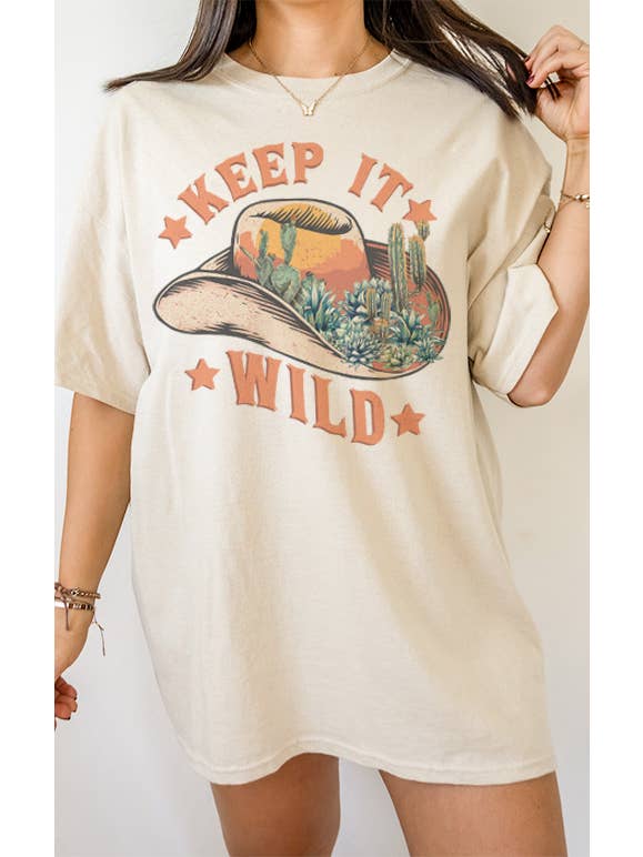 Select Apparel - Wholesale Tunic - Women's - Retro Keep It Wild Oversized Cowboy Hat Western Graphic Tee