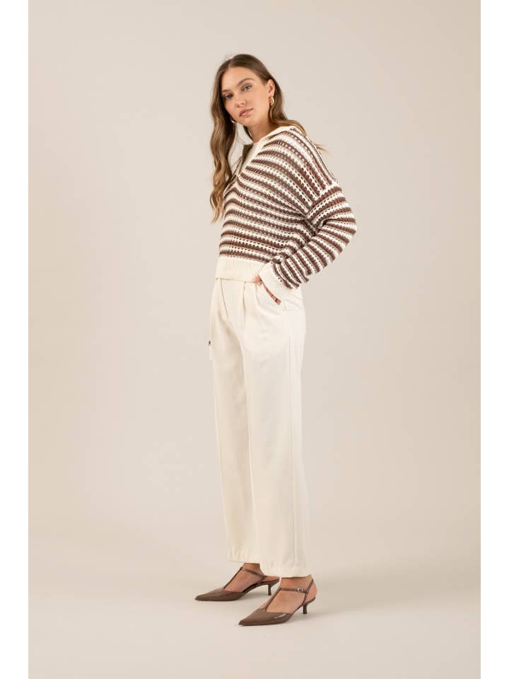 The Workshop Studio - Wholesale Knit Sweater - Women's - STRIPE COLLARED LONG SLEEVE CROCHET KNIT SWEATER