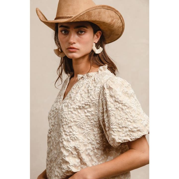 IVE - Wholesale Knit Top - Women's - FLORAL PATTERN TEXTURE SHORT BALLOON SLEEVES TOP7