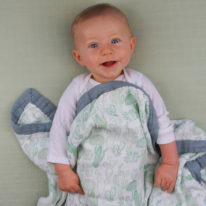 Cactus Baby Blanket - 3 layers of soft muslin, made from bamboo/cotton blend. Great for swaddling, nursing cover, travel blanket and more for wholesale by Bambino Land