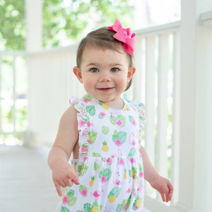 Rompertje voor babymeisjes met flamingoprint Pima Cotton voor wholesale door Marco and Lizzy