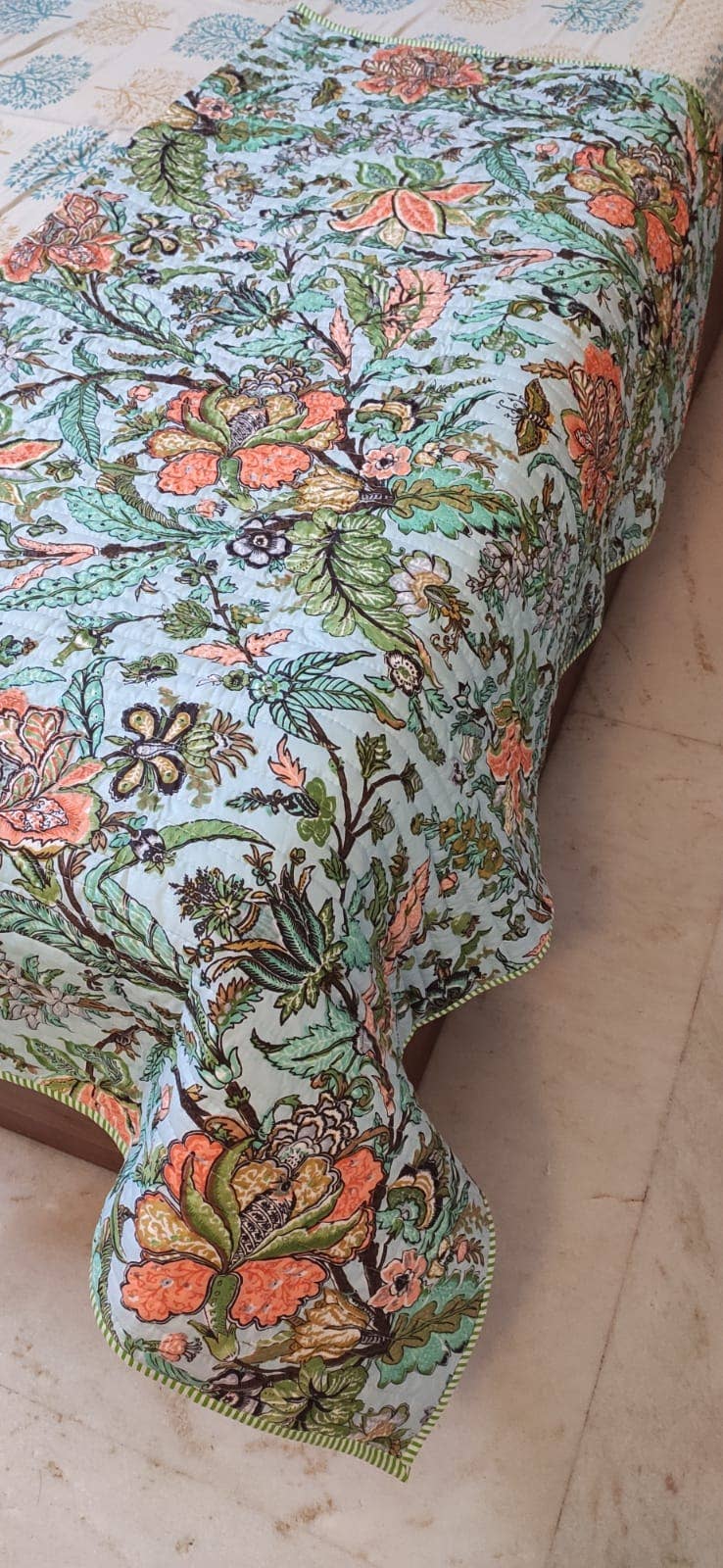 Ayras World - Wholesale Throw Blanket - Blue Floral Quilted Cotton Bed Throw Blanket1