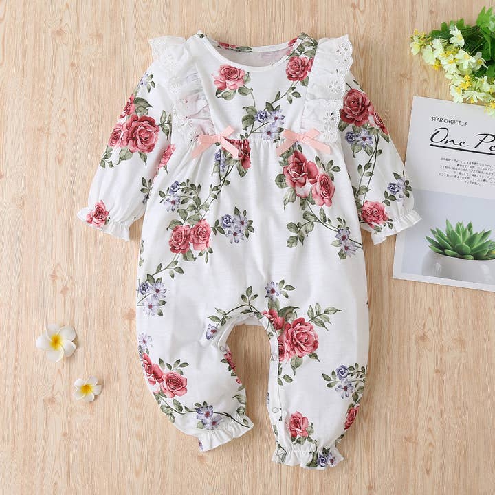 PatPat - Wholesale Jumpsuit - Baby - Baby Floral Ruffled Bowknot Jumpsuit