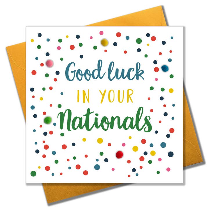 Good Luck in Nationals Card, Dots, Verfraaid met pompons voor wholesale door Claire Giles Ltd