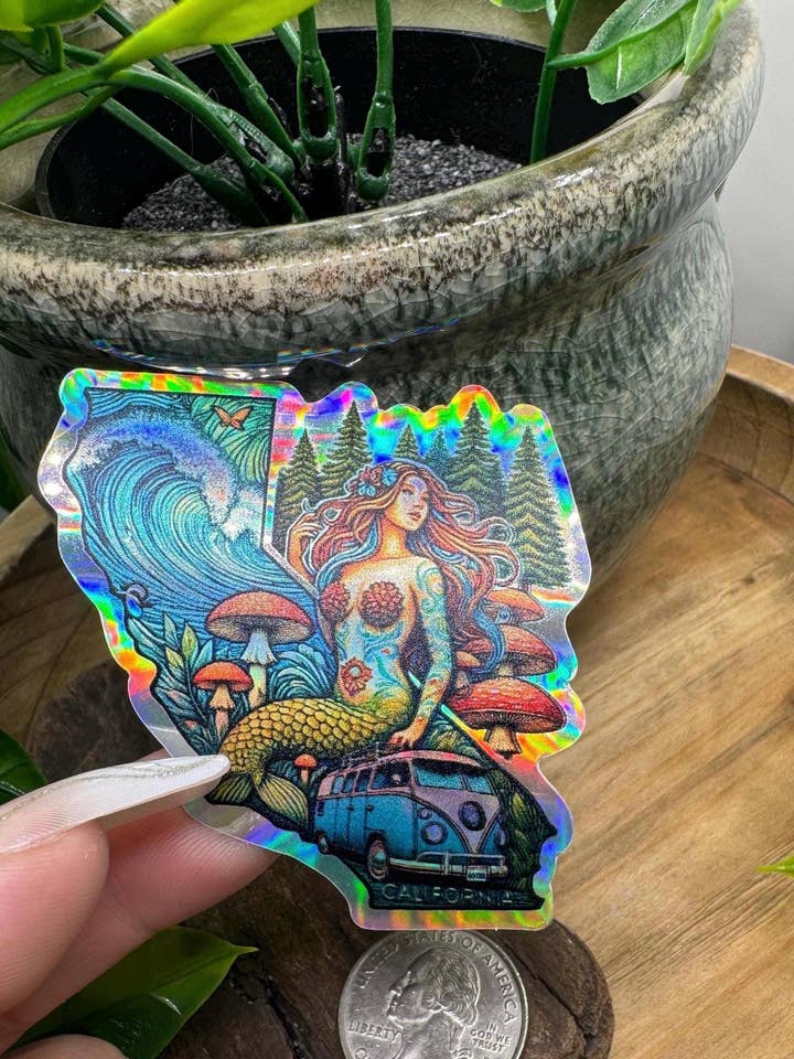 Pegatina de Sirena Tatuada de California: Calcomanía de Vinilo Holográfico para venta al por mayor de California Dreaming Co