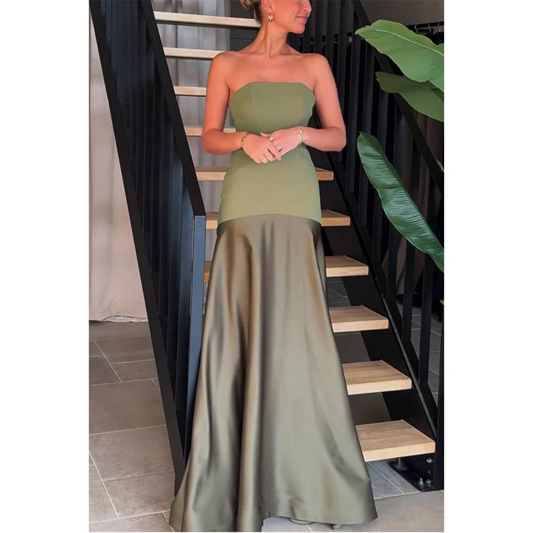 UNISHE – Vestido - Mulher por atacado – Vestido Justo Sem Alças de Cetim Sem Mangas com Blocos de Cor JRM1281