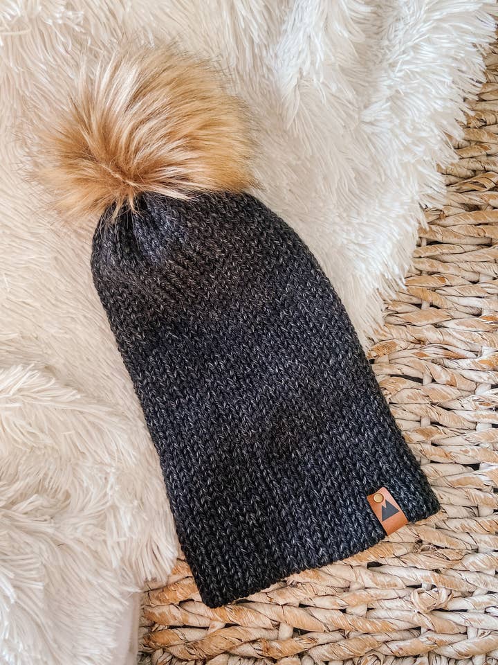 Black Heather Knit Beanie Toque with Fur Pom Pom for wholesale by Wild Rose Designs