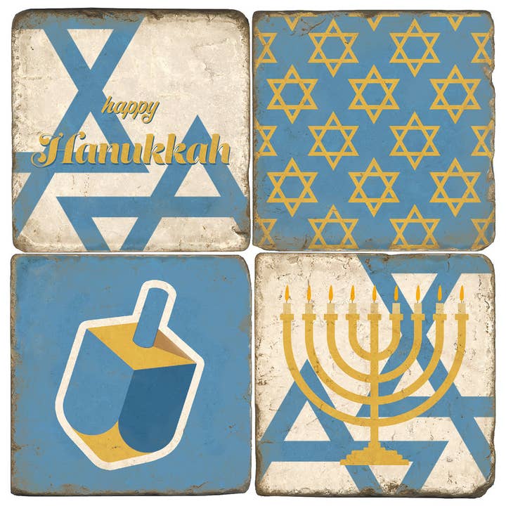 Ensemble de 4 sous-verres en marbre marbré Happy Hanukkah pour la vente par Studio Vertu
